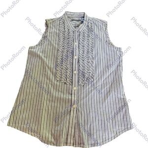 Liz Claiborne Women's Blue White Stripe Ruffle Button Front Sleeveless Top Large